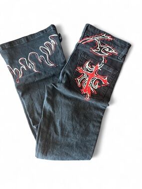 Black Men's Jeans with Red Flame Embroidery
